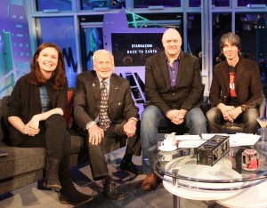    Lucie in the Stargazing Live studio with Buzz Aldrin, Dara Ó Briain and Brian Cox.